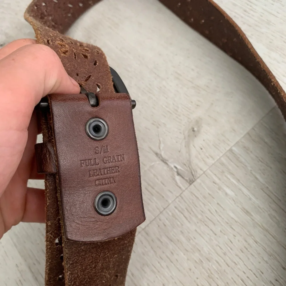 Full Grain Brown Leather Floral Cutout Belt S/M Boho Western Cottagecore